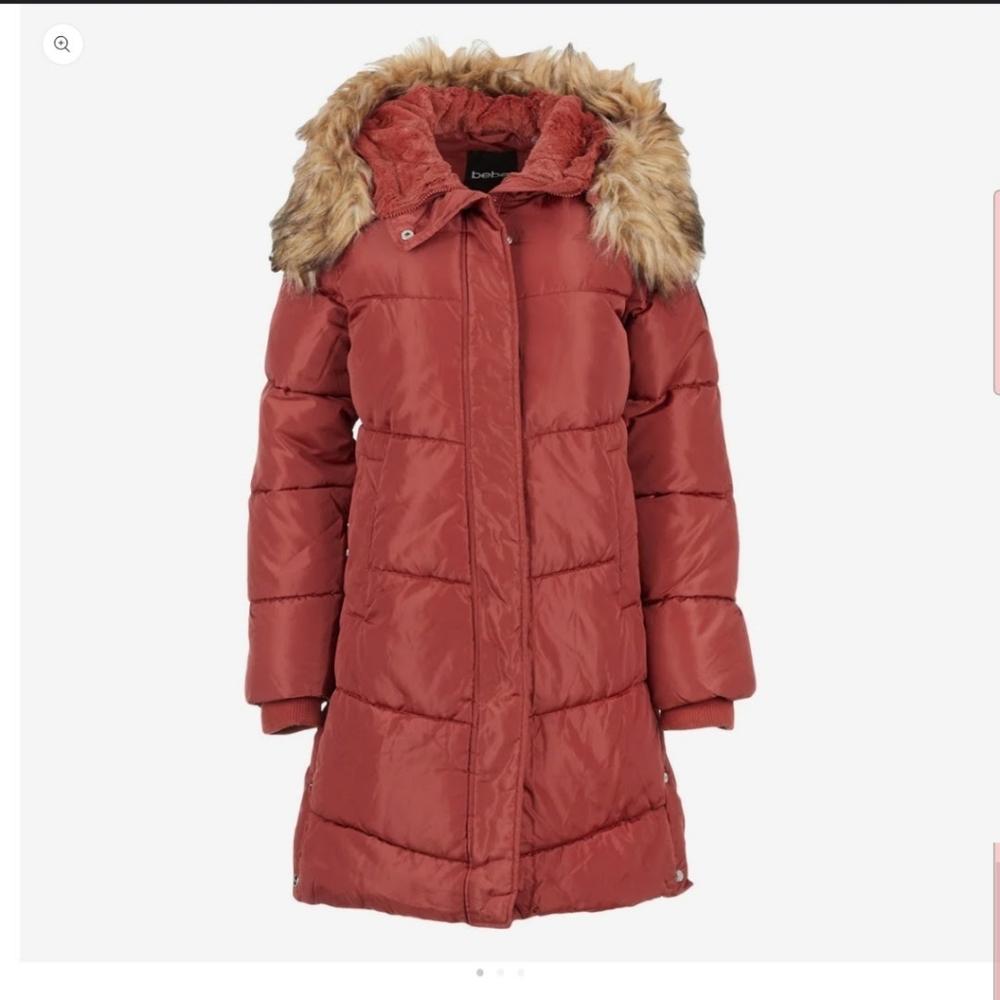 Bebe Women's Long Puffer with Faux Fur Trim Hood
